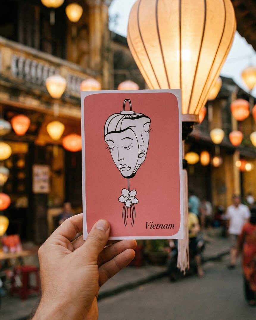 A hand holding a Floating Post postcard on a lantern-lit Hội An street at dusk
